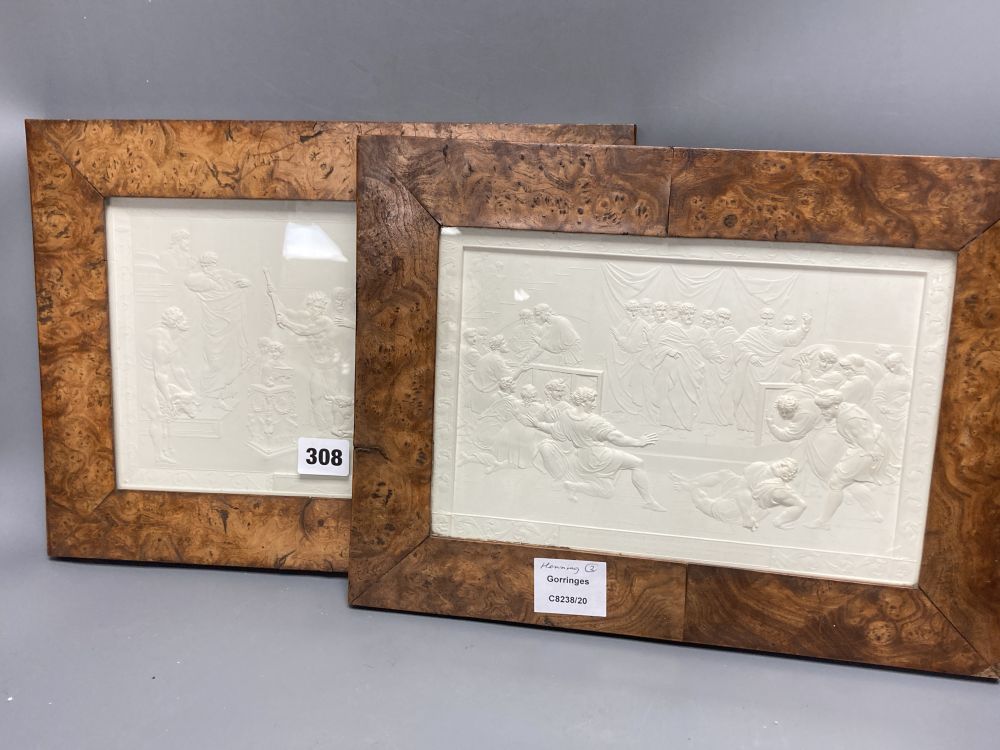 John Henning (1771-1851). Two plaster relief plaques after Raphael, dated 1820 and 1821, of biblical scenes, contemporary burr elm fram
